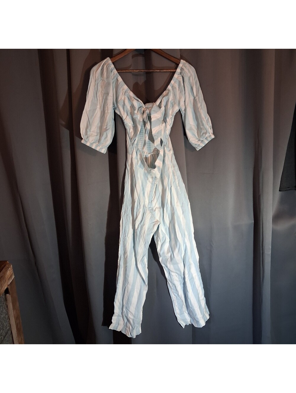 Billabong Light Blue and White Striped Jumpsuit with Puff Sleeves and Tie Front